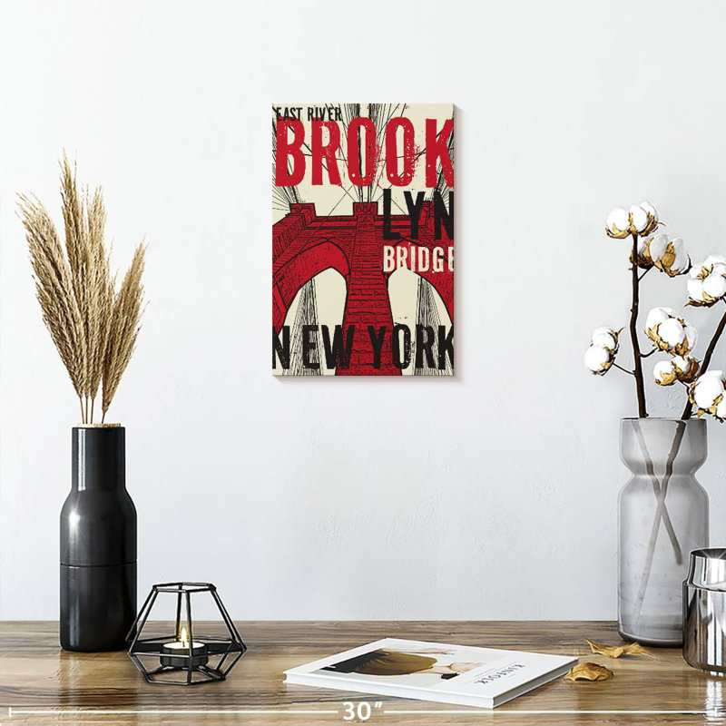 Aime Red Grunge Brooklyn Bridge, 12" H x 8" W