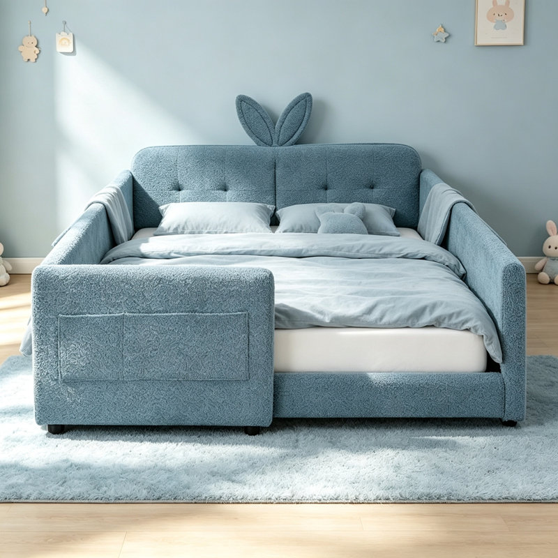 Full Size Cute Rabbit Ear Boucle Platform Bed with Safety Rail & Side Pocket, Sky Blue, Full