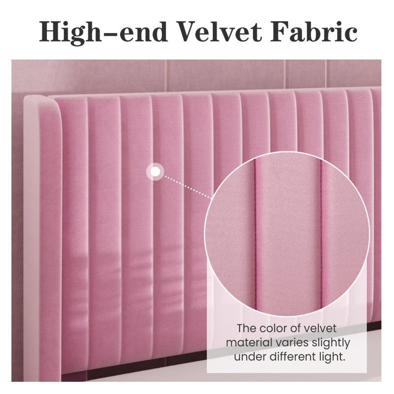 Elegant Pink Velvet Queen Bed with Tufted Wingback Headboard