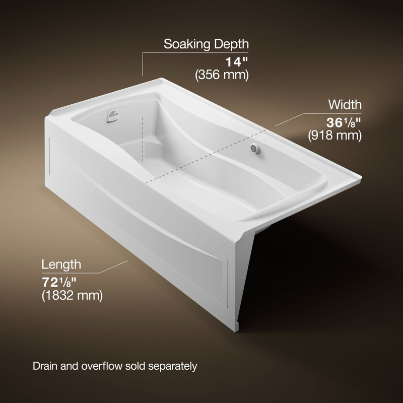 Mariposa 72" x 36" Alcove/Tile in Air Acrylic Bathtub, White, Left