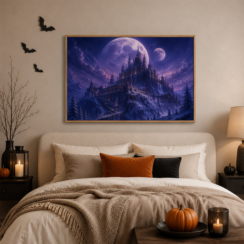 Château gothique sur une montagne enneigée sous une toile géante d'Halloween, H 18 po x l 24 po