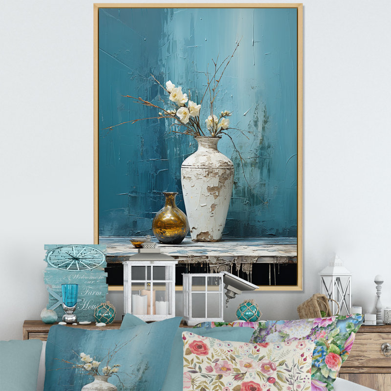 Vase de poterie bleu et blanc Boho, H 44 po x l 34 po x P 1,5 po, Cadre flottant brun