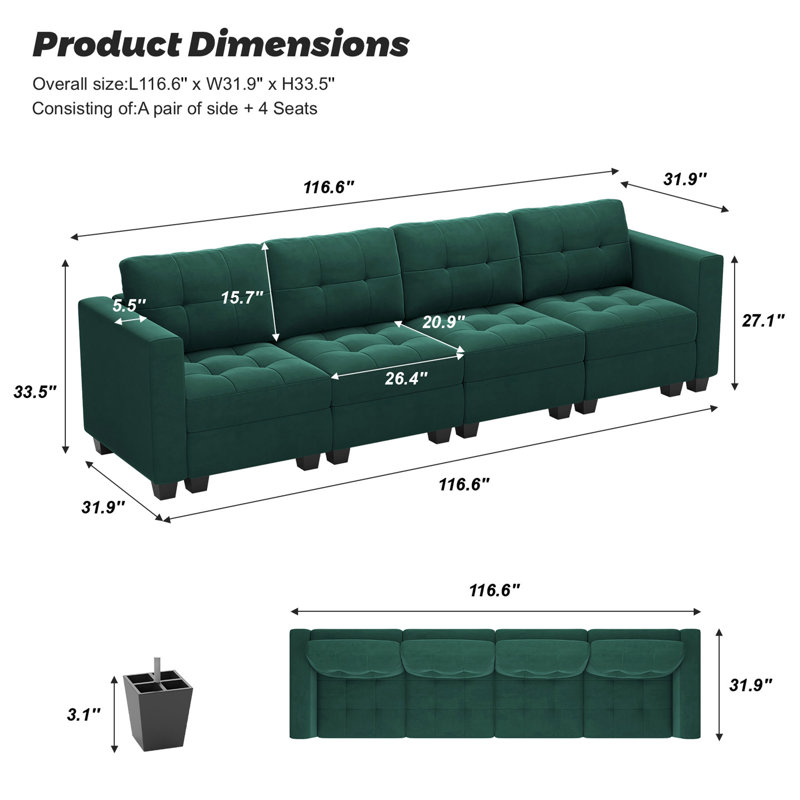 Canapé convertible en velours 4 places Buckleton, Velours vert