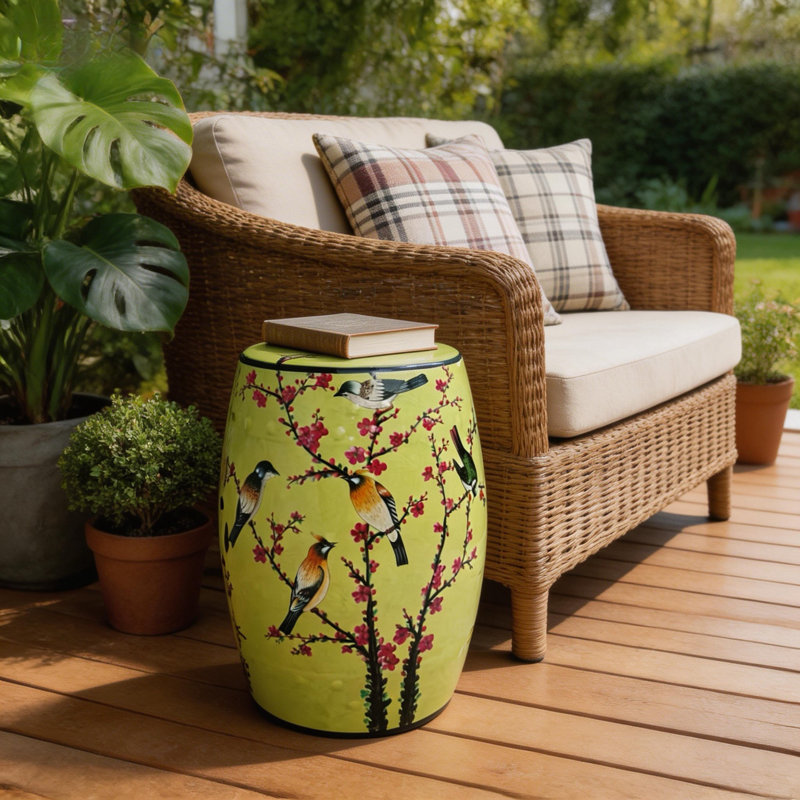 Tabouret en céramique fleur et oiseau