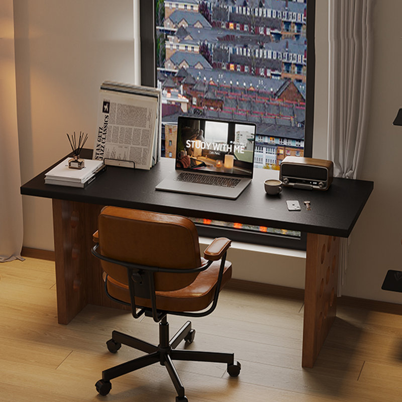 Black + Nut-brown Rectangular Solid Wood desk, 29.53" H x 78.74" W x 23.62" D