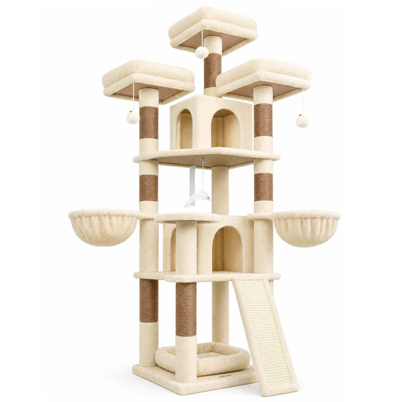 Tour pour arbre à chat à niveaux multiples H 70 po pour grands chats, poteau à griffer, hamac, 2 condos, 3 perchoirs et 7 poteaux en sisal inclus, F70H-BG
