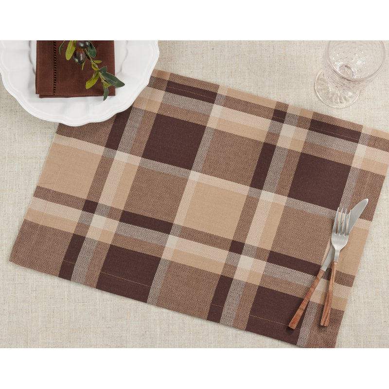 Marron Brown and Beige Cotton Plaid Rectangle Placemats Set