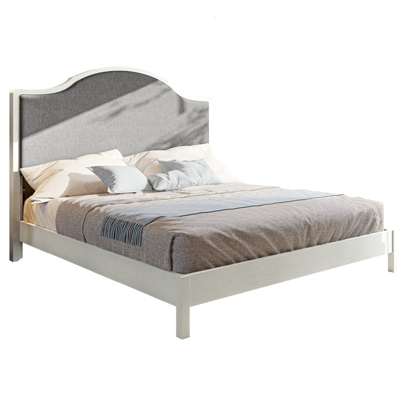 Solid Wood Bed Frame with Upholstered Headboard, Modern Design, No Box Spring Needed, White, King