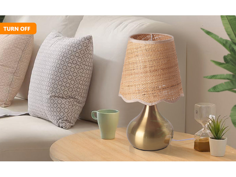 Gold Brass Table Lamp with Scalloped Rattan Shade