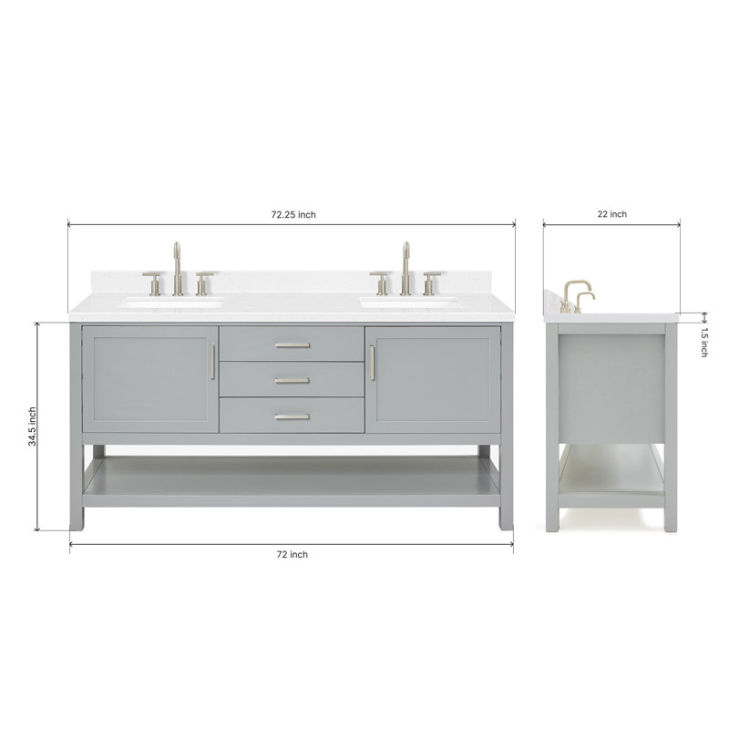 Bayhill 73'' W Double Vanity, Rectangle, Carrara White Quartz, Gray
