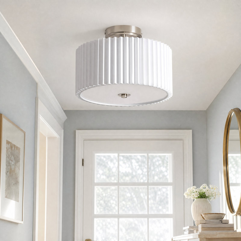 Plafonnier semi-encastré en tissu Pelayo, H 9,3 po x l 12,2 po x P 12,2 po, Nickel