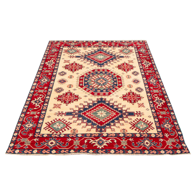 Tapis beige / rouge / bleu noué à la main de conception unique 6 pi 6 po x 9 pi 11 po Angeleena