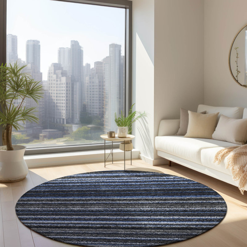 Barsby Washable Striped Indoor / Outdoor Rug, Round 8'
