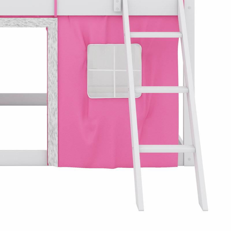 Lit superposé en bois avec élégantes fenêtres, rebords et tente, Rose/Blanc