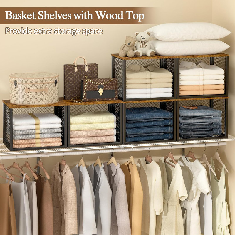 Stackable Closet Organizers And Storage Baskets With Wood Top Black