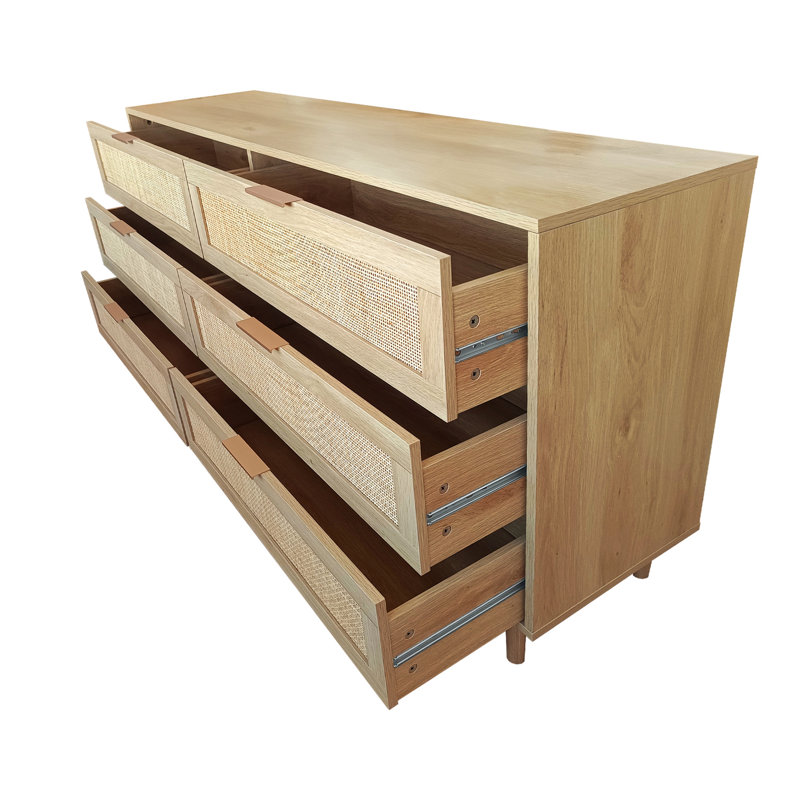 Natural Oak and Rattan 6-Drawer Storage Cabinet