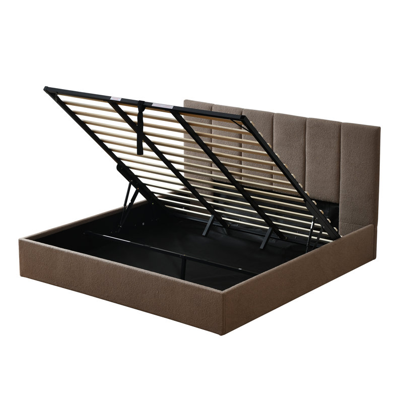 Lit plateforme tapissier avec rangement Juanetta Boucle, Très grand, Bouclette brune