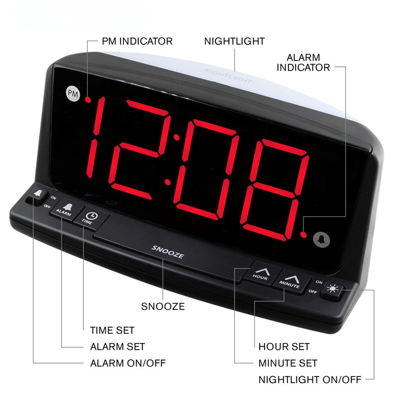 Digital Alarm Clock - Easy To Use - Large, Easy To See Numbers, Built-In Night Light, Bright Big Red Numbers