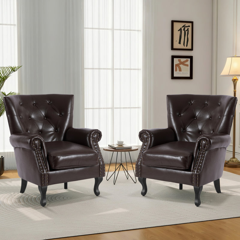 24"W Faux Leather Wingback Chair, Caramel Faux Leather