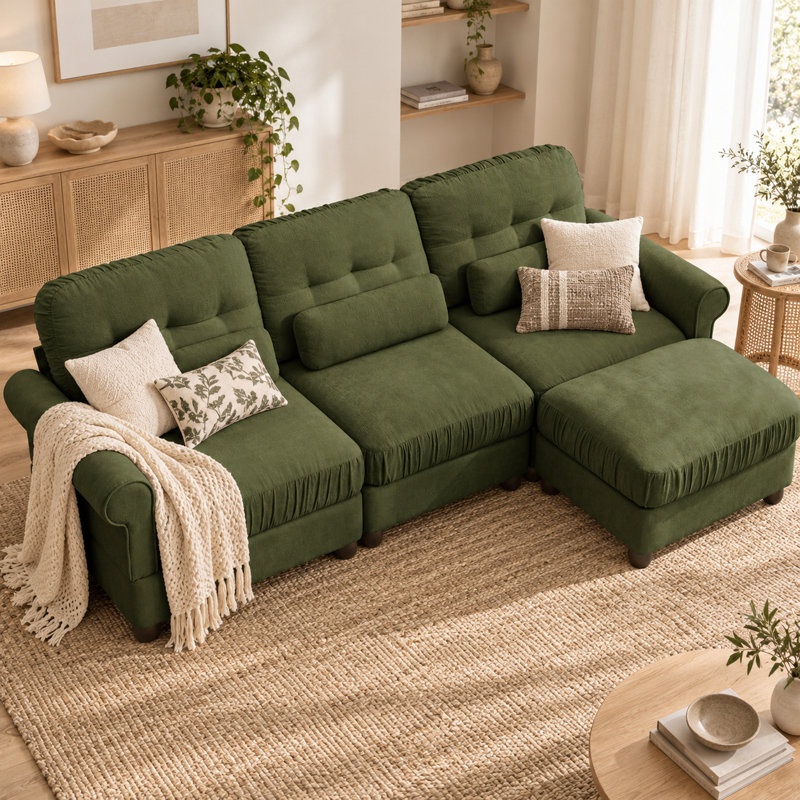 Canapé d'angle modulaire 3 places Chenvera Modern Plush en chenille avec pouf amovible, assise profonde en mousse haute densité, coussins à bords froncés, accoudoirs arrondis, dossier capitonné