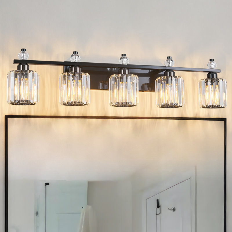 Lampe de meuble-lavabo moderne en cristal avec abat-jour cylindrique, Noir plaqué, 5 lumières