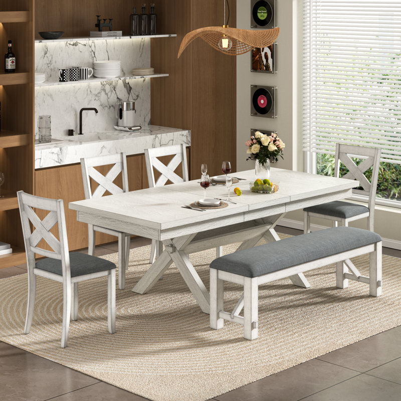 Ensemble de table de salle à manger à rallonge 6 pièces pour 6 à 8 personnes avec pieds en bois massif de 71 à 90 po, 4 chaises rembourrées et 1 banc pour la salle à manger et la cuisine