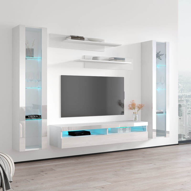 100" Modern Floating Wall Mounted Entertainment Center with 16-Color LED Lighting, High Gloss Finish, White