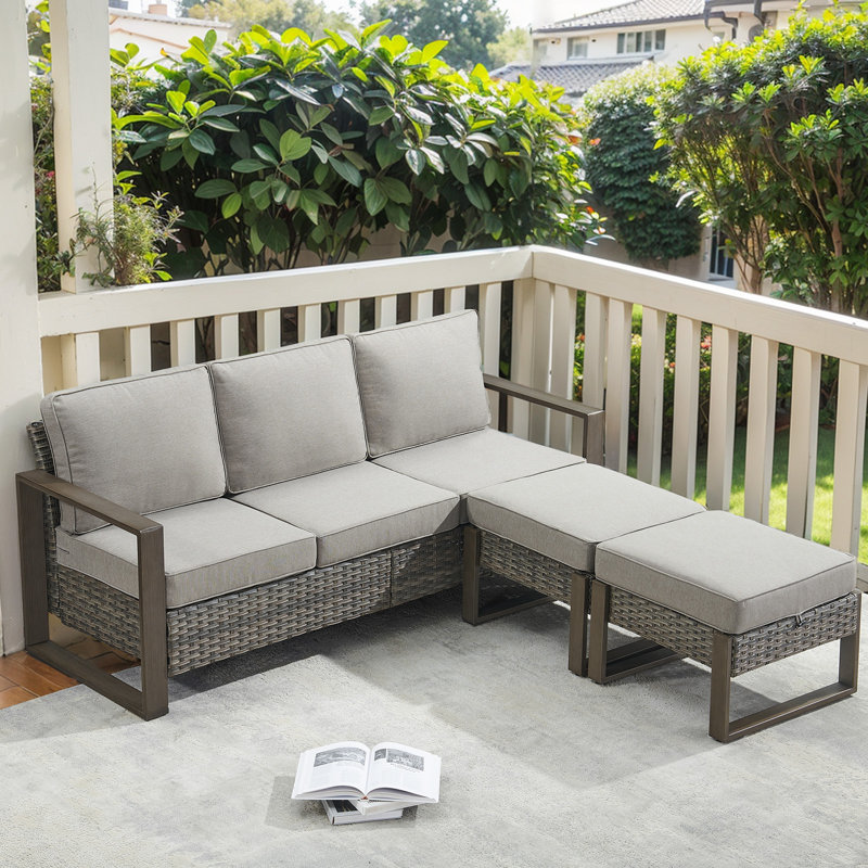 Drazen Outdoor Wicker Sofa Set - 3-Seat Sofa & 2 Ottomans For Patios & Gardens, Gray, Gray