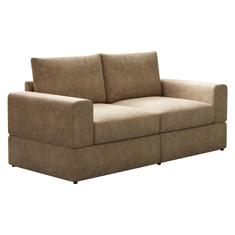 190Cm Cotton Square Arms Standard Sofa , Brown