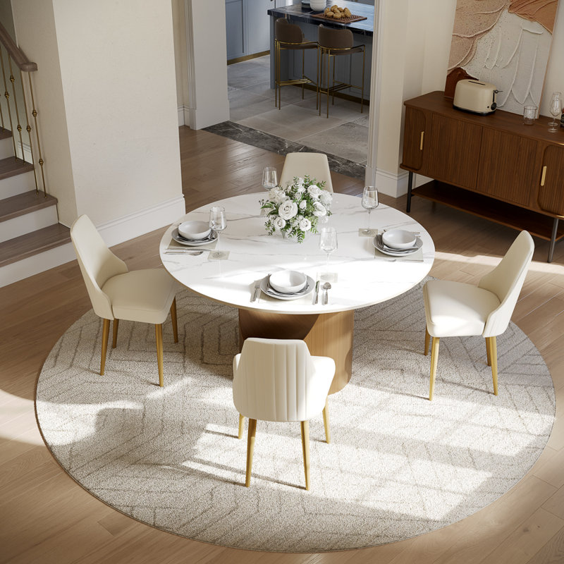 Ensemble de salle à manger moderne, ensemble de table de salle à manger ronde pré-assemblé, ensemble de table de salle à manger de cuisine en pierre frittée avec chaises rembourrées en similicuir