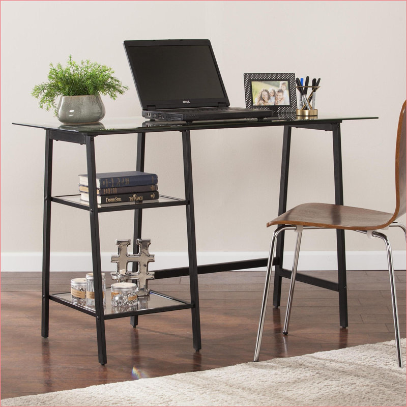 Bureaux, métal moderne et amp; Bureau d'écriture en verre trempé | Structure en A étroite avec tablettes | Fer noir
