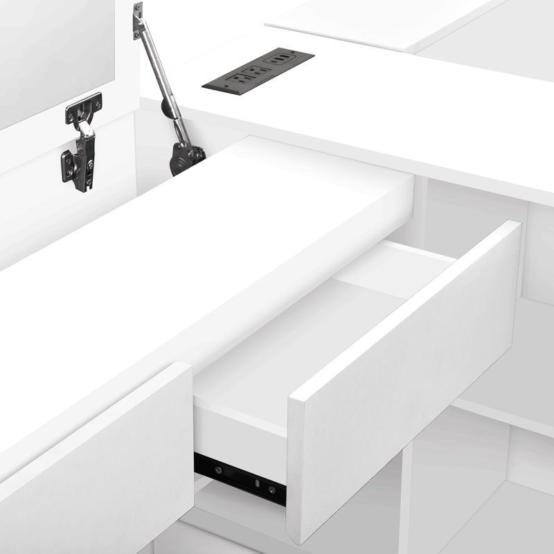 Lit plateforme double en bois avec 6 tiroirs, tablettes et coiffeuse, Blanc