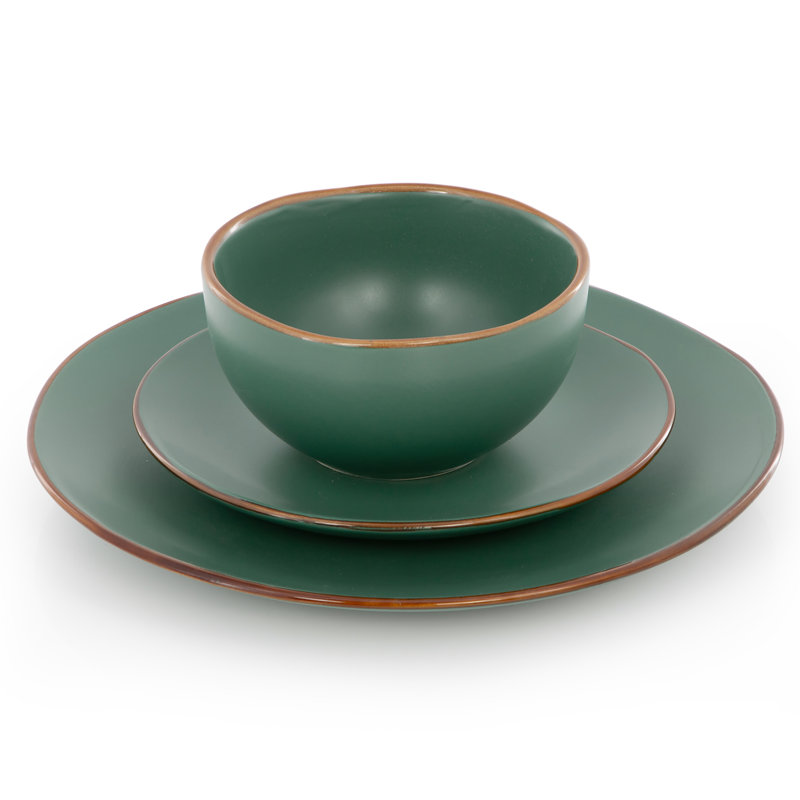 Gibson Home 12 Piece Round Stoneware Dinnerware Set in Matte Green, Green