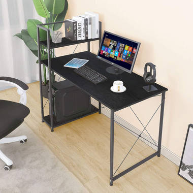 Fitueyes Computer Desk for Small Spaces,27.6 Z-Shaped Compact Study Table with Monitor & Bottom Shelves for Home Office, Black