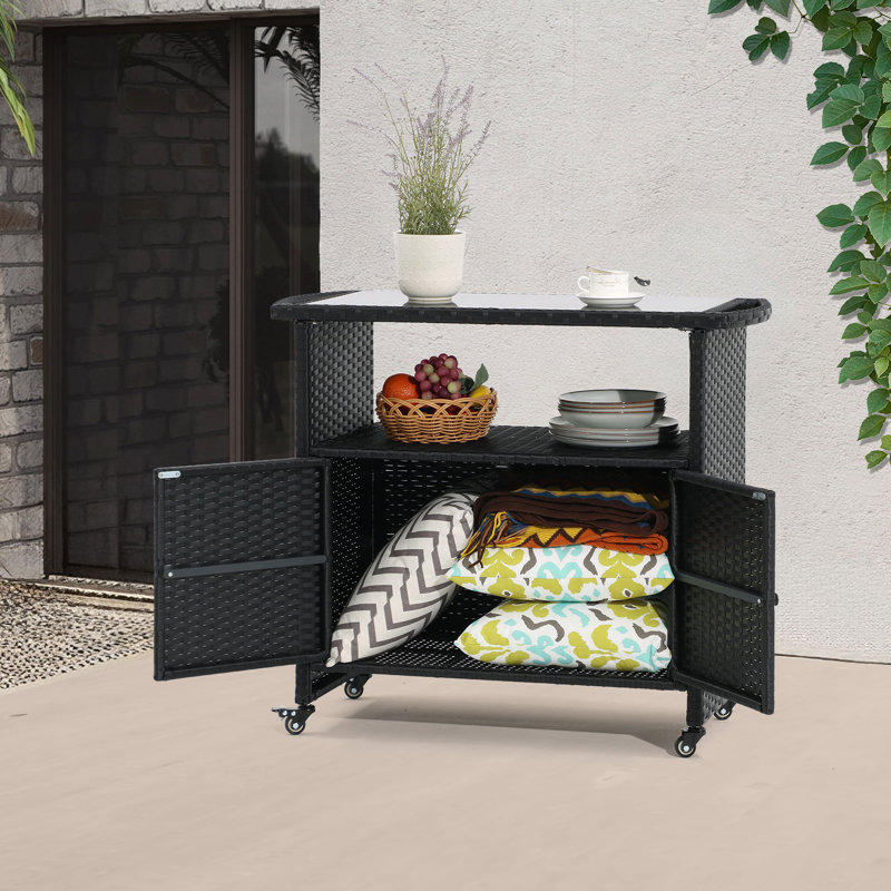 Bar Cart Portable Outdoor Table made of durable FE rattan with tempered glass table top