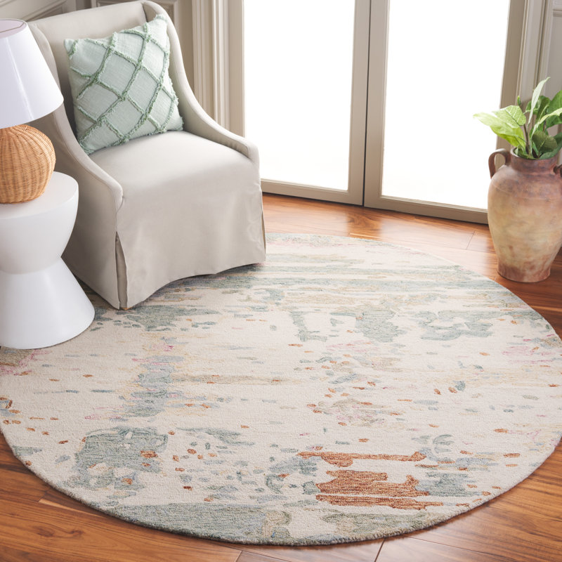 Jasten Hand Tufted Wool/Cotton Abstract Rug in Ivory/Green, Round 6'