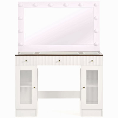 Meuble-lavabo de 43,3 po avec grand miroir et ampoules Hollywood, meuble-lavabo à plateau en verre moderne avec tiroirs et prise de courant, grande coiffeuse avec 3 modes d'éclairage couleur et armoires RVB pour la chambre à coucher