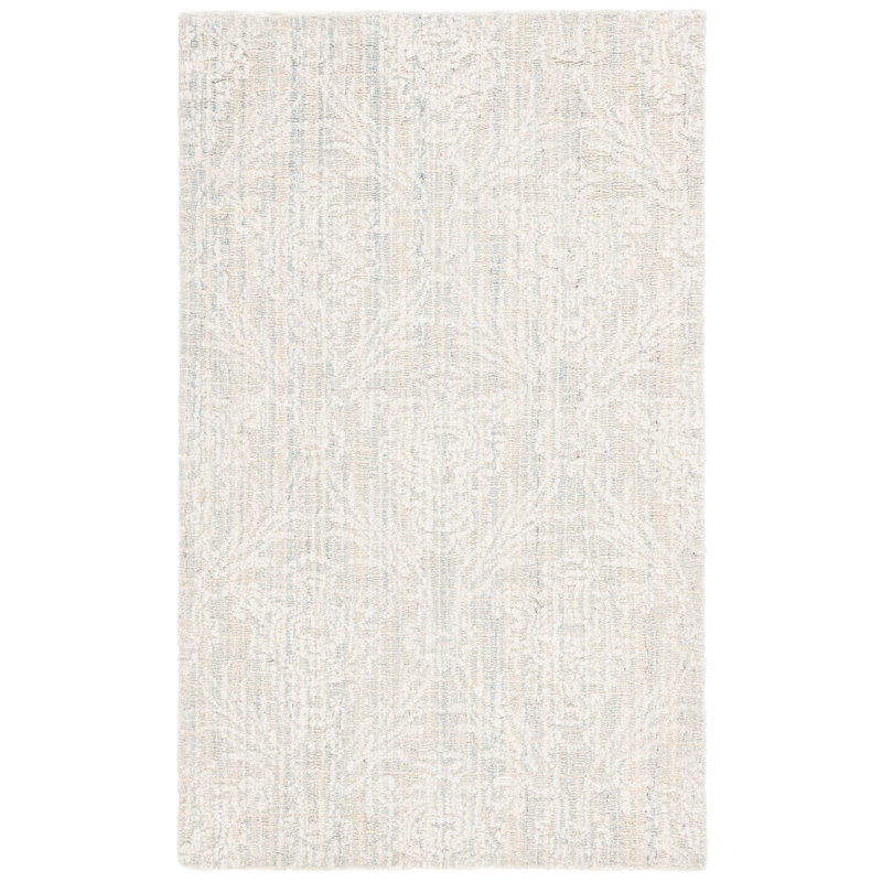 Chaleb Hand Tufted Wool Cotton Pet Damask Rug in Light Blue/Ivory, Rectangle 3' x 5'