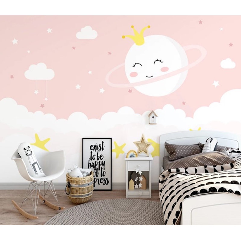Papier peint amovible Sourire pleine lune avec étoiles sur fond rose, L 105,96 po x l 187 po