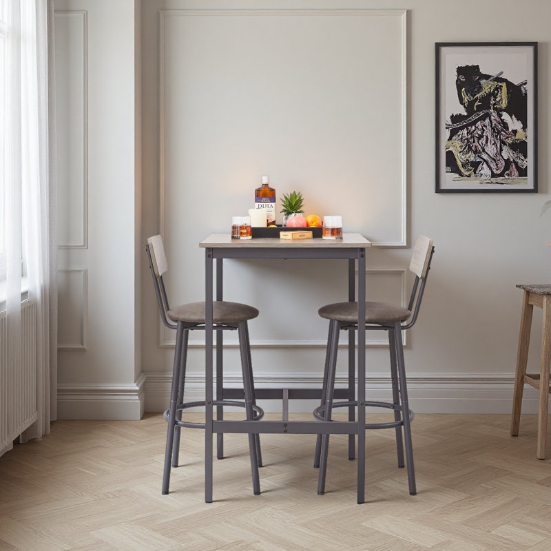 Ensemble de table de bar avec 2 tabourets de bar en polyuréthane avec dossier, l 23,62 po x P 23,62 po x H 35,43 po, Gris