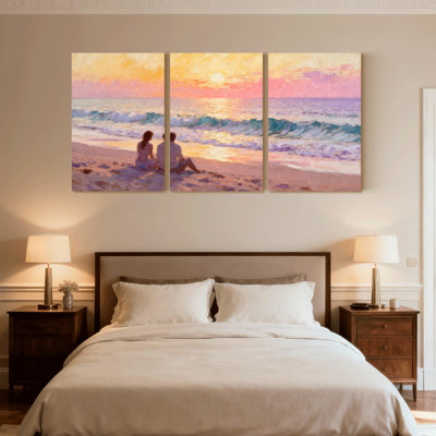 Plage, coucher de soleil, couple, océan, vagues du ciel, ensemble de 3 impressions sur toile
