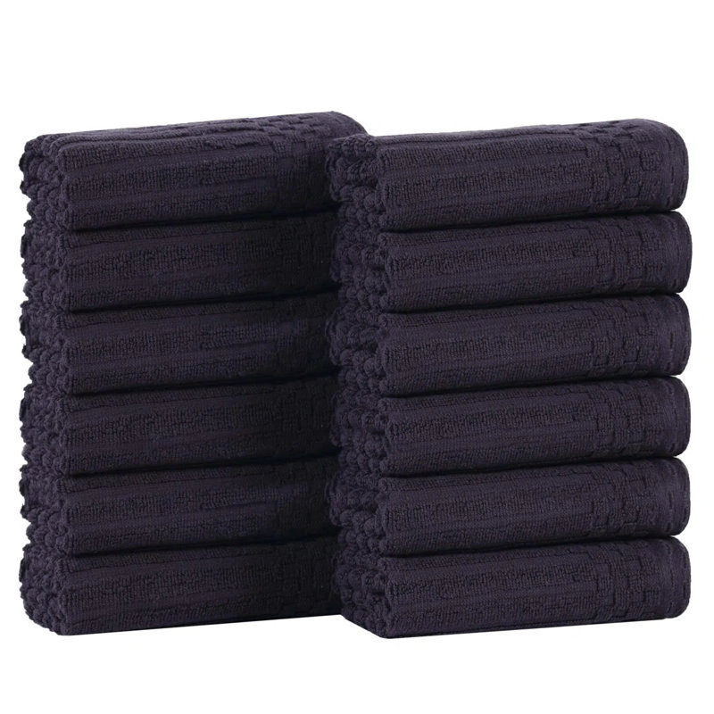 Juras Soho Cotton Ribbed Checkered Border Medium Weight Washcloths Face Towels, Turquoise