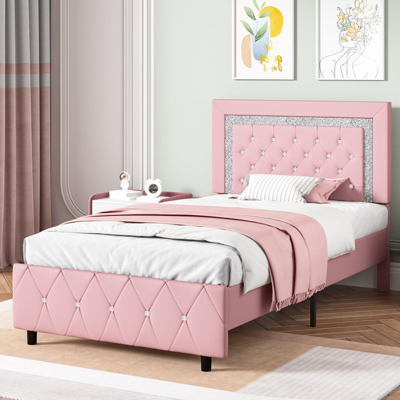 Ensemble de lit plateforme en similicuir Alber, Lit simple, Rose/Blanc