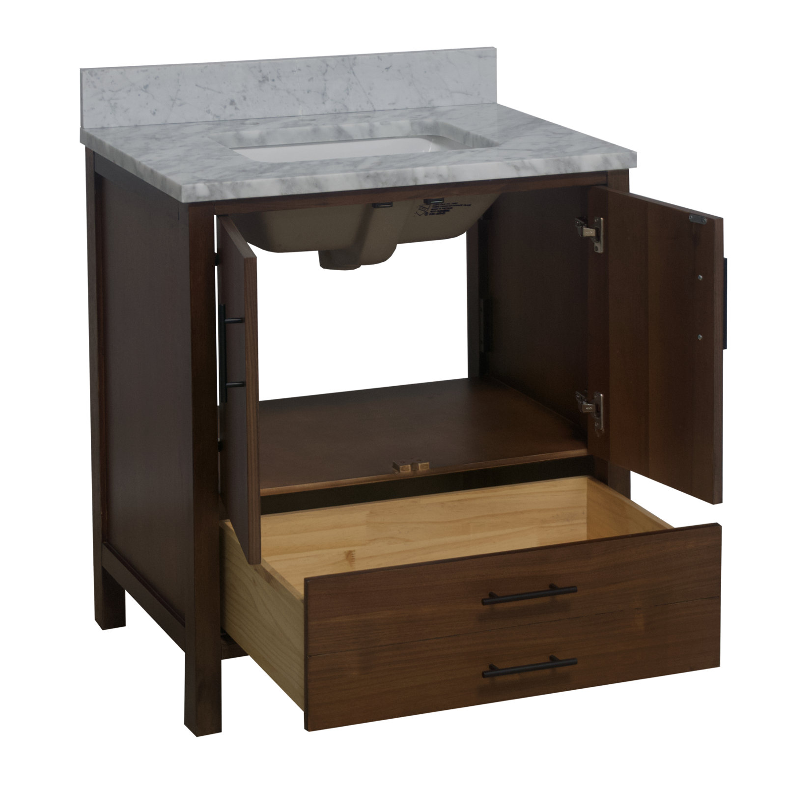 Kiara 30'' Single Bathroom Vanity, Carrara Marble, Walnut Veneer