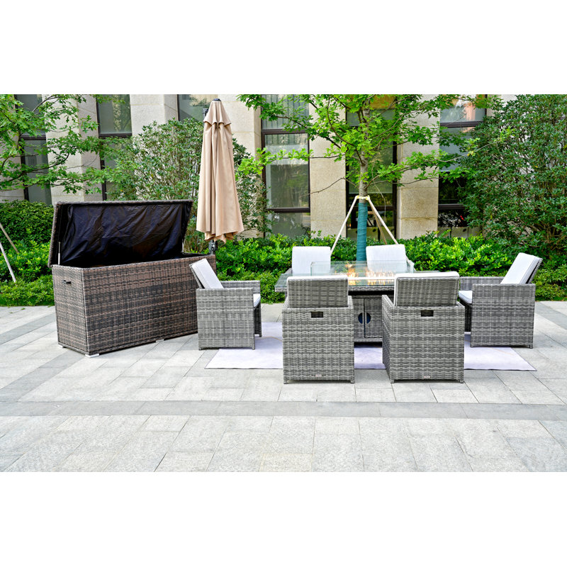 Luke Gas Fire Pit Dining Table Set, 6 Chairs, 4 Ottomans, A Storage