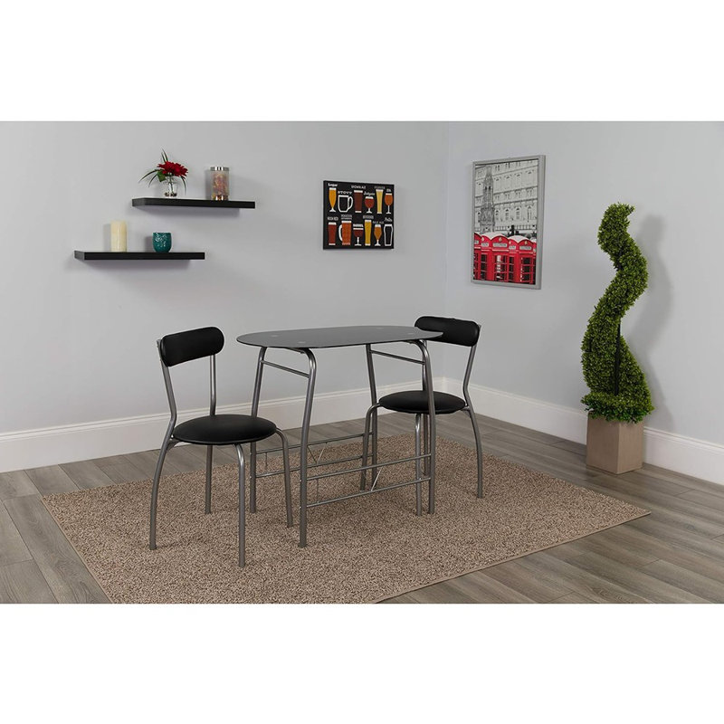 Ensemble bistro 3 pièces avec dessus en verre et chaises en vinyle Paugh Sutton, Noir