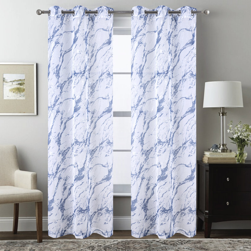 Paire de rideaux semi-transparents en marbre Marble, Bleu