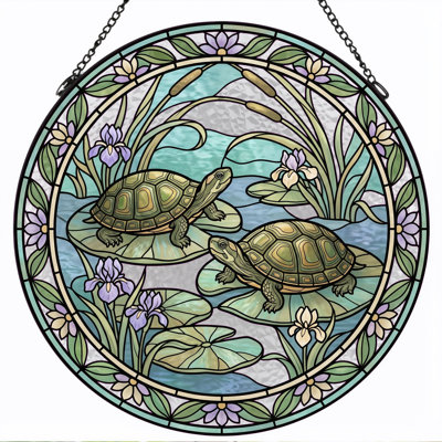 Turtle Pond Stained Glass Window Panel，12"H