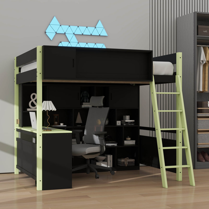 Full-Size Wooden Loft Bed With Integrated Desk And Drawers, Gaming Bed Offering Spacious Storage And Lighting, Green