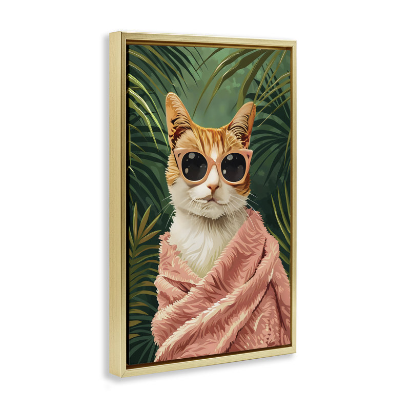 Cadre flottant Cozy Cat and Tropical Plants, design par LSR Design Studio, H 31 po x l 21 po, Cadre flottant métallique doré